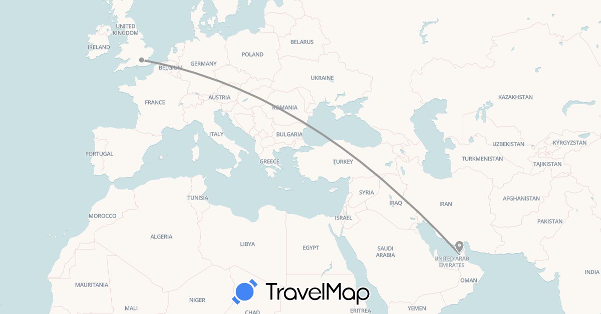 TravelMap itinerary: plane in United Arab Emirates, United Kingdom (Asia, Europe)